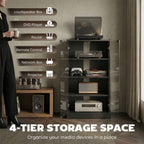 35.75" 4-Tier Media Cabinet with Tempered Glass Doors, Adjustable Shelves and Cable Management