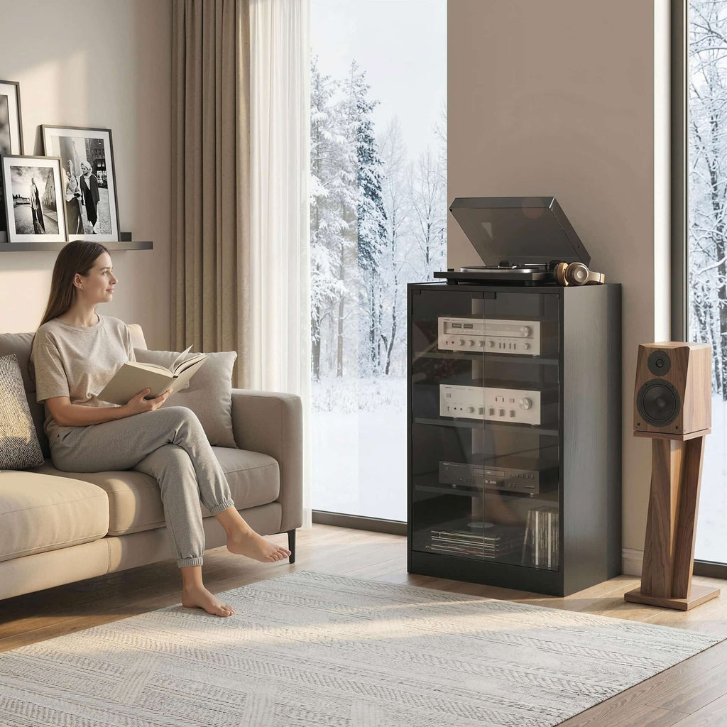 35.75" 4-Tier Media Cabinet with Tempered Glass Doors, Adjustable Shelves and Cable Management