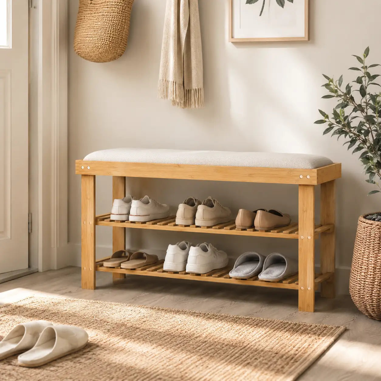 35.4" Bamboo Shoe Storage Bench with Cushion and 2-Tier Shelves
