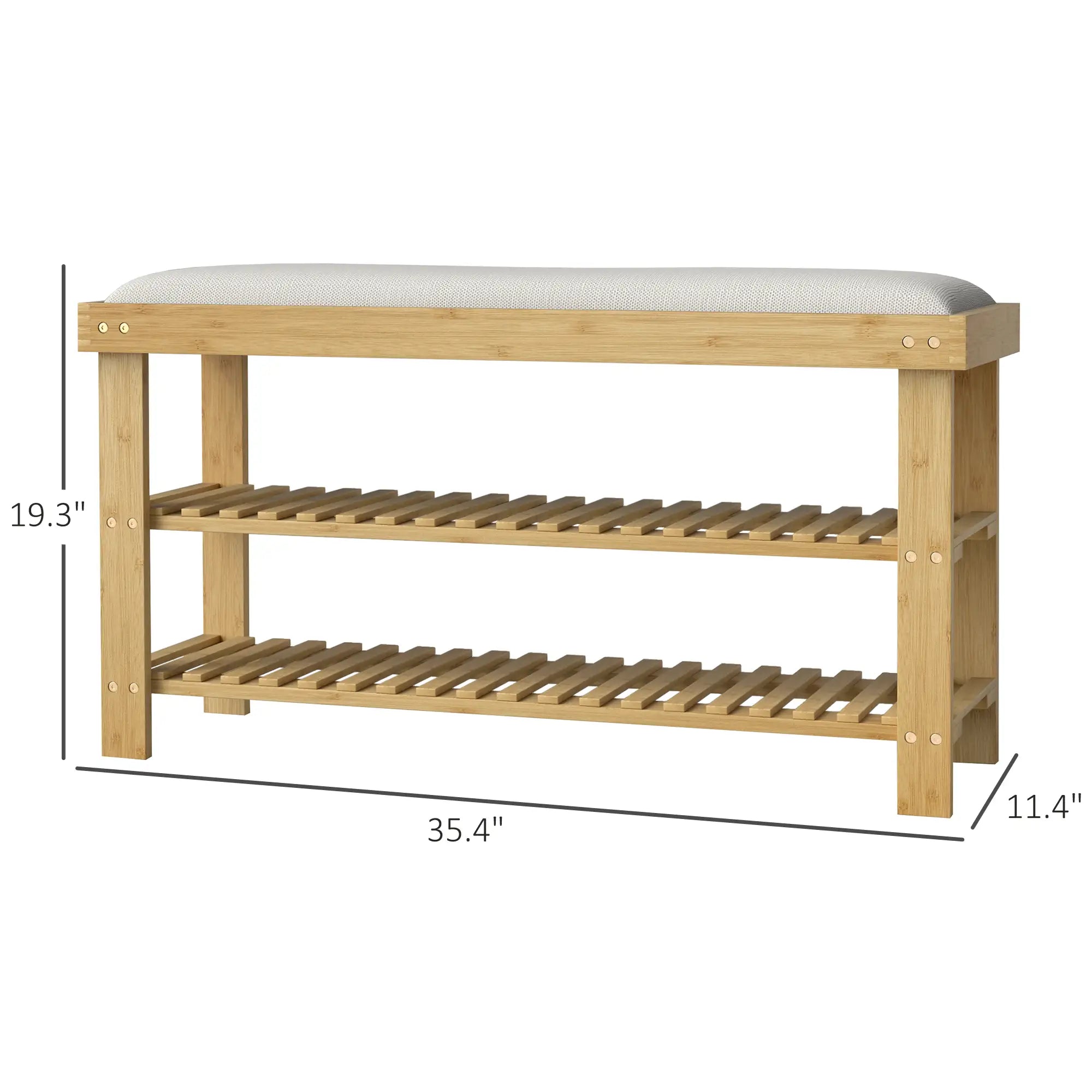 35.4" Bamboo Shoe Storage Bench with Cushion and 2-Tier Shelves