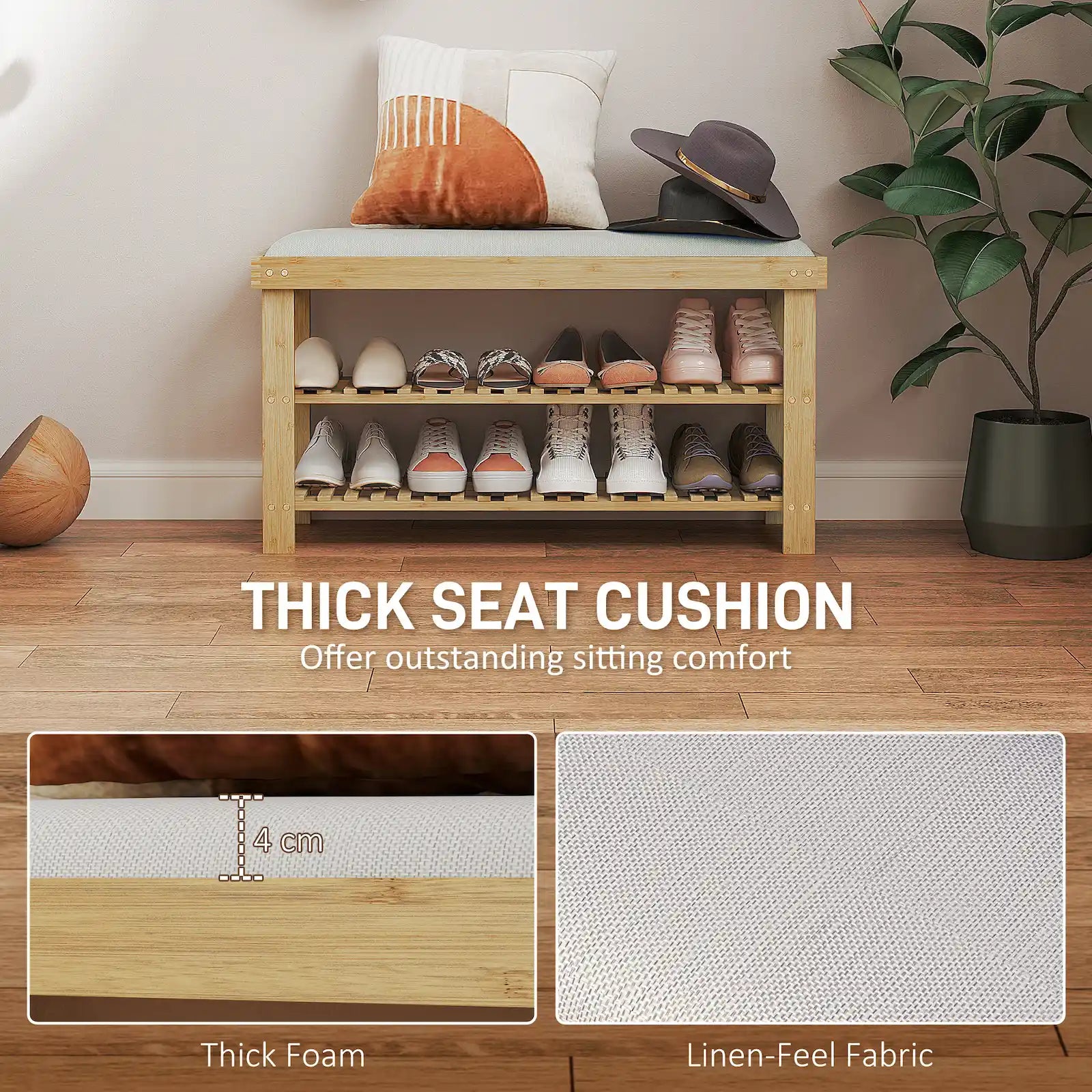 35.4" Bamboo Shoe Storage Bench with Cushion and 2-Tier Shelves