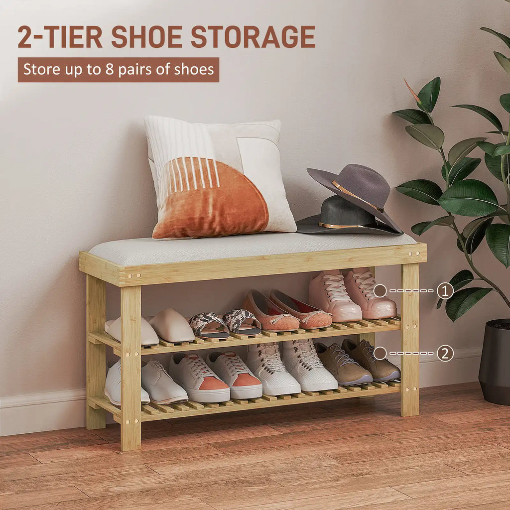 35.4" Bamboo Shoe Storage Bench with Cushion and 2-Tier Shelves