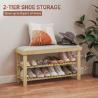 35.4" Bamboo Shoe Storage Bench with Cushion and 2-Tier Shelves
