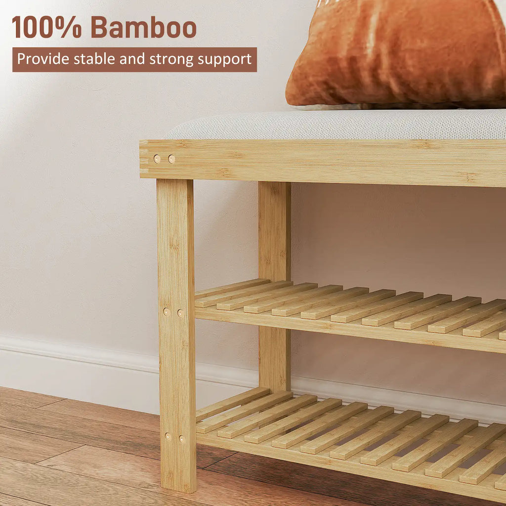 35.4" Bamboo Shoe Storage Bench with Cushion and 2-Tier Shelves