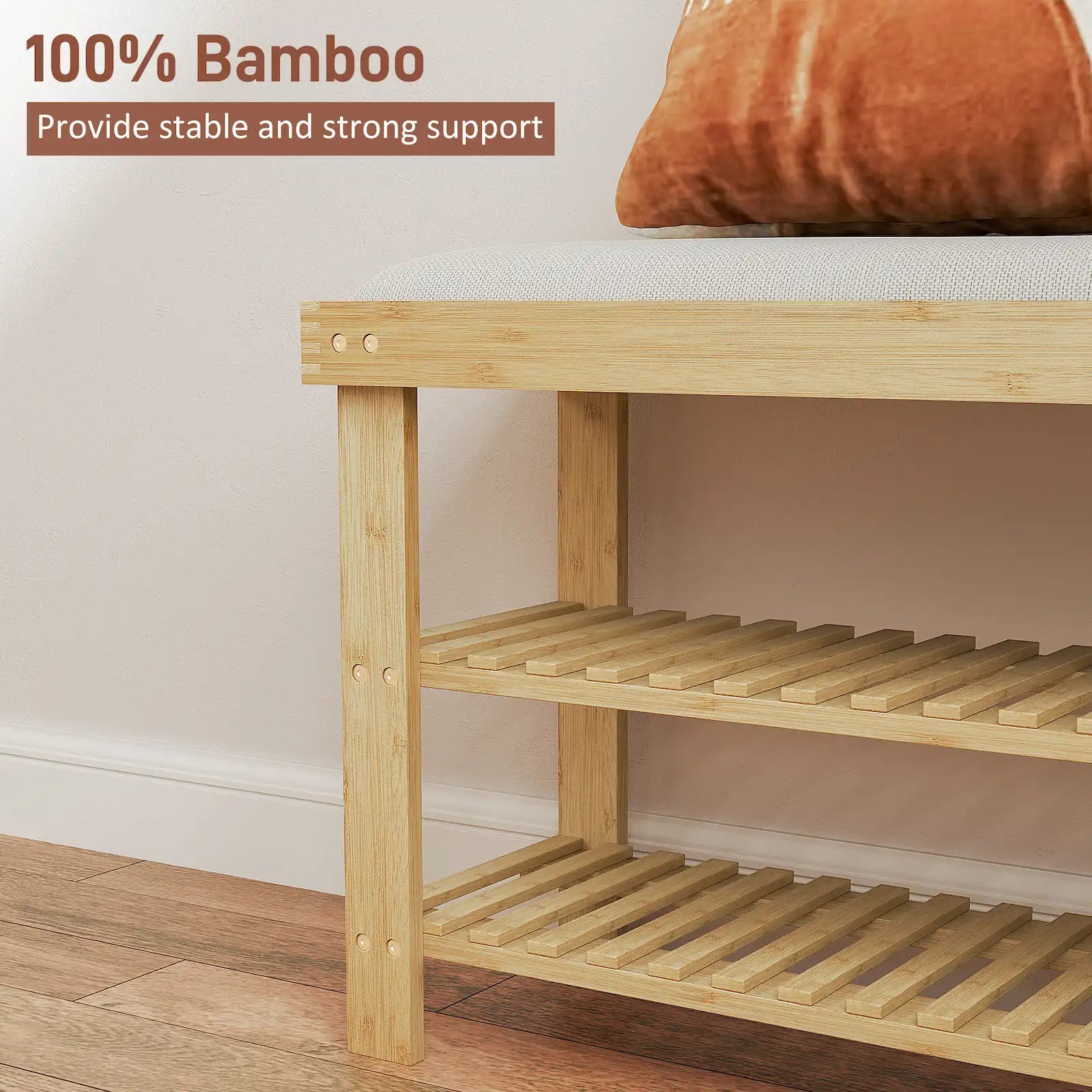 35.4" Bamboo Shoe Storage Bench with Cushion and 2-Tier Shelves
