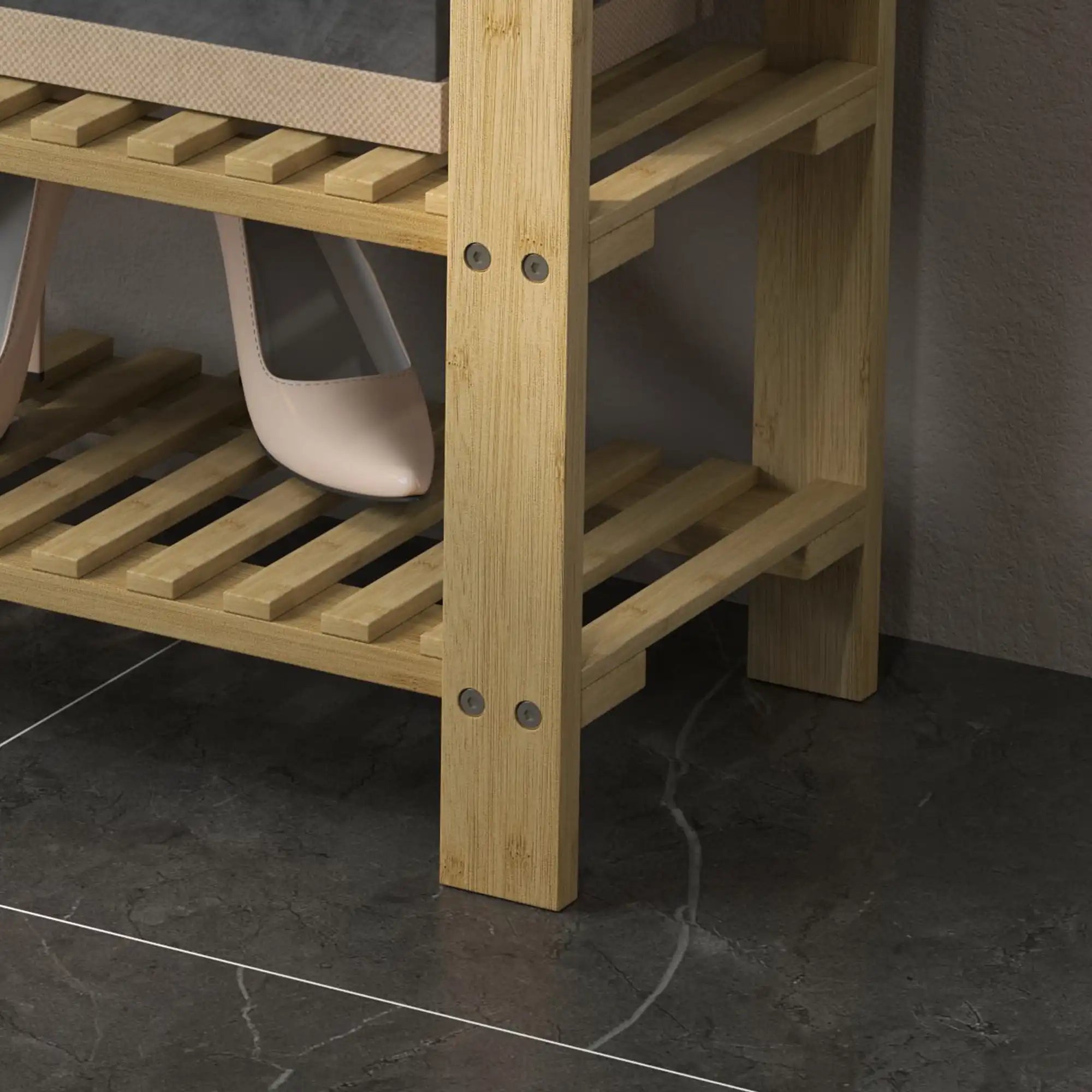 35.4" Bamboo Shoe Storage Bench with Cushion and 2-Tier Shelves