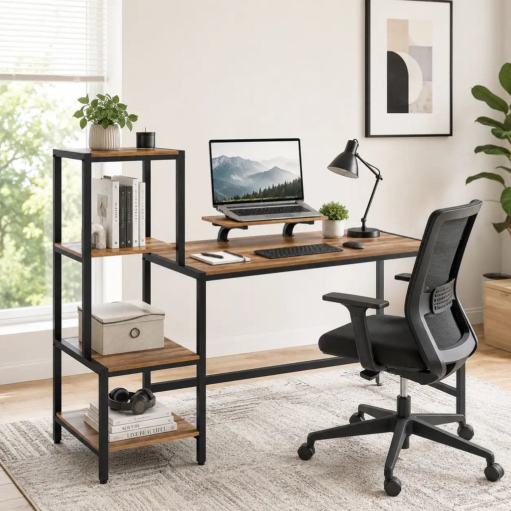66.9" Reversible Computer Desk with 4-Tier Shelves and Raised Monitor Stand