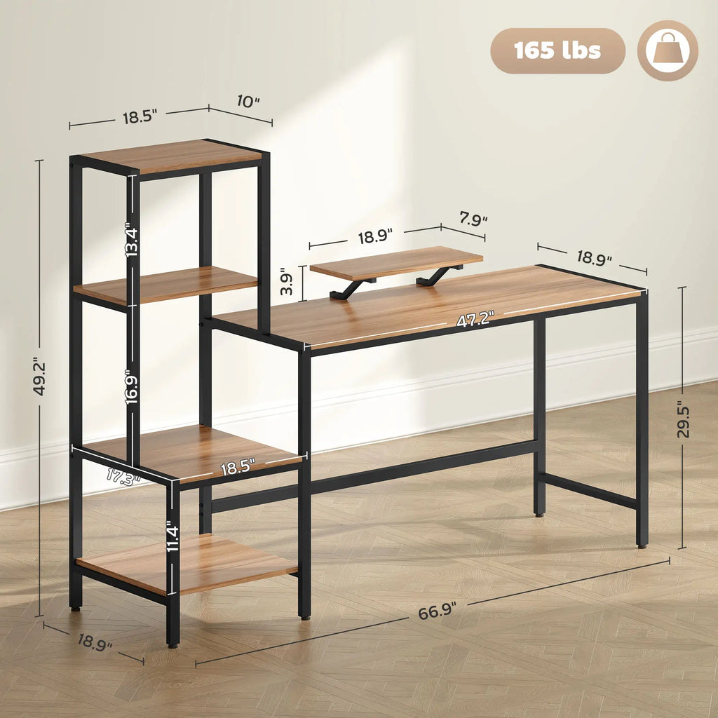 66.9" Reversible Computer Desk with 4-Tier Shelves and Raised Monitor Stand