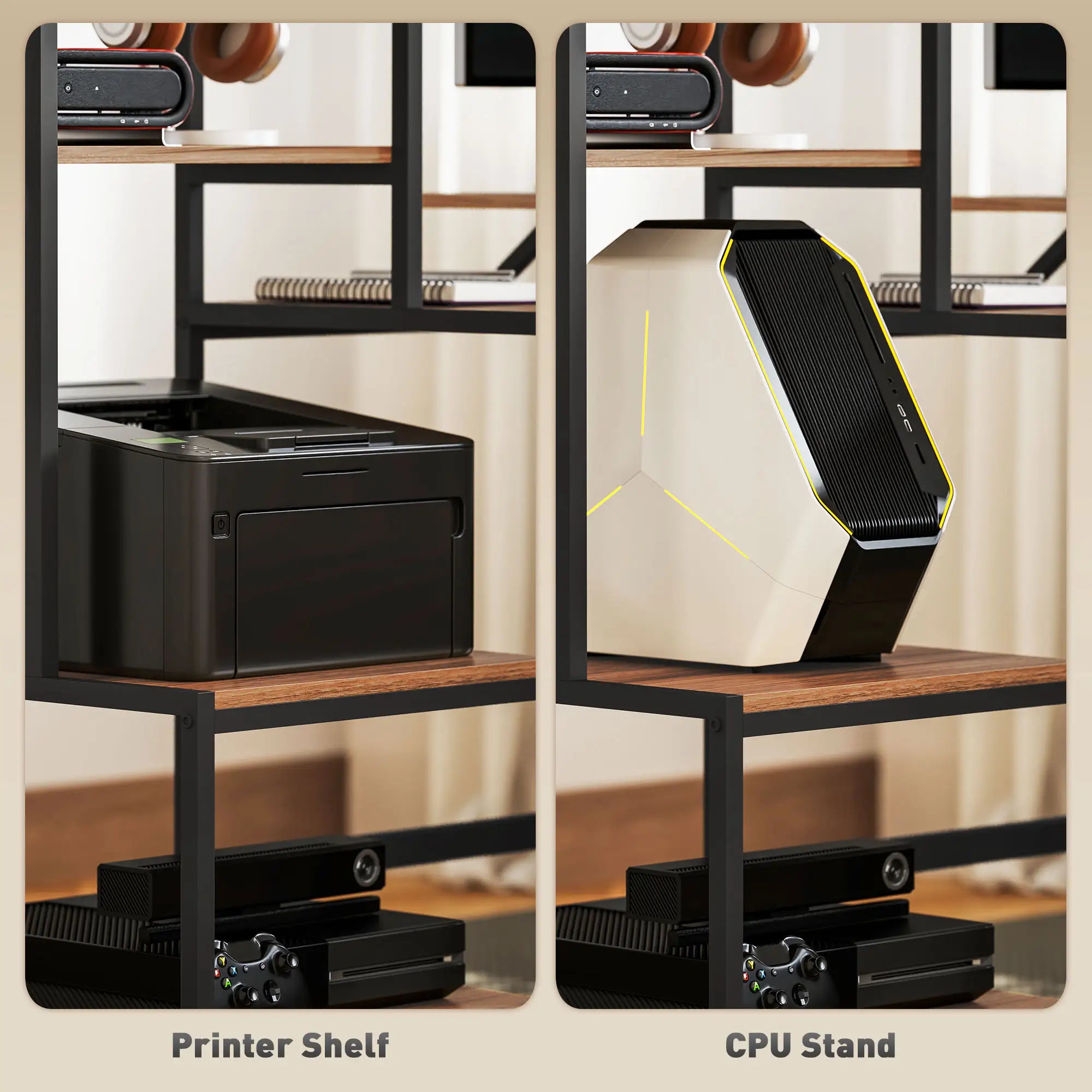 66.9" Reversible Computer Desk with 4-Tier Shelves and Raised Monitor Stand