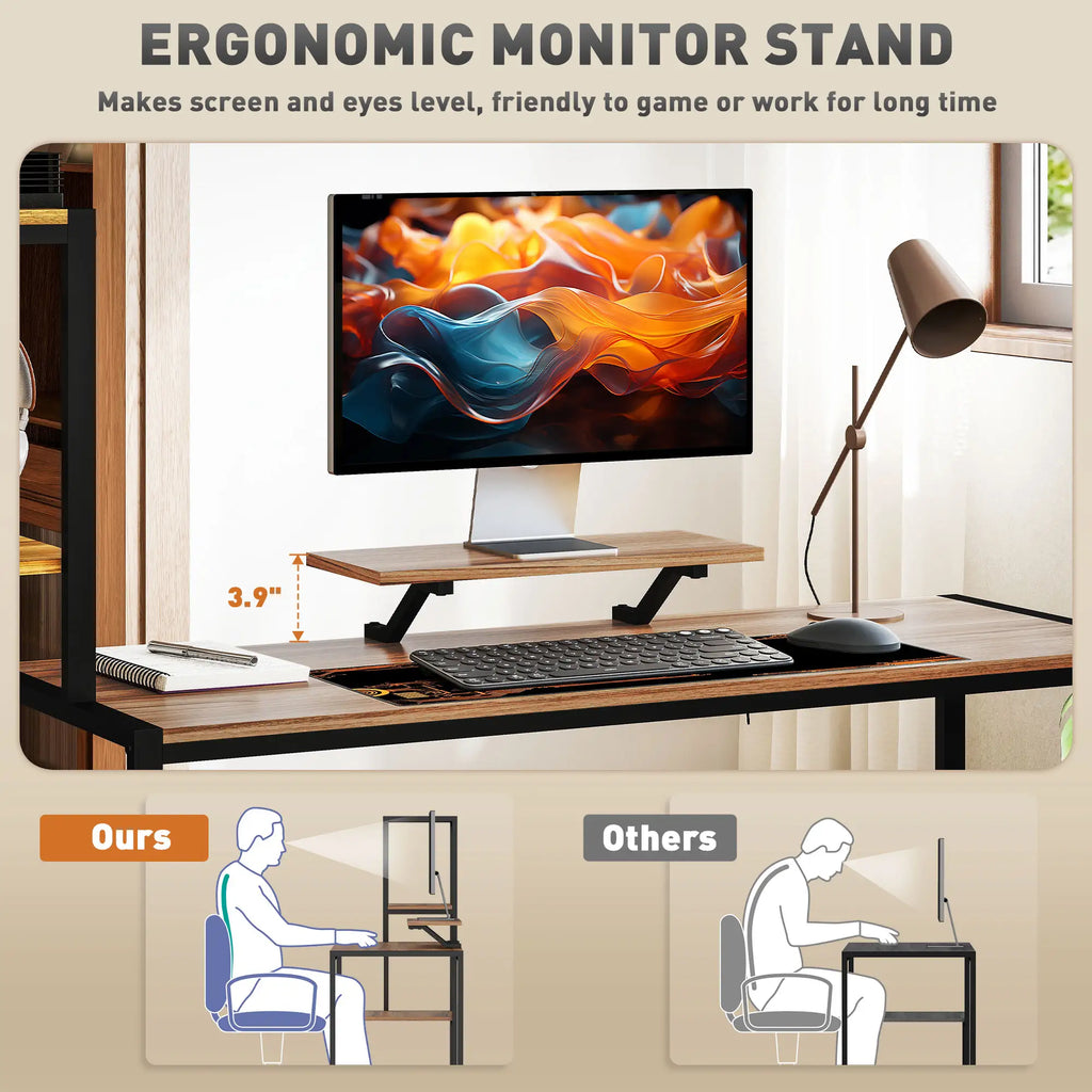 66.9" Reversible Computer Desk with 4-Tier Shelves and Raised Monitor Stand
