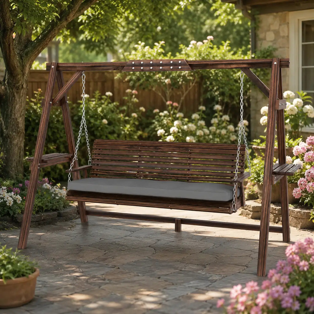 95.7" 3-Seat Wooden Porch Swing with Stand, Cushion and Side Trays