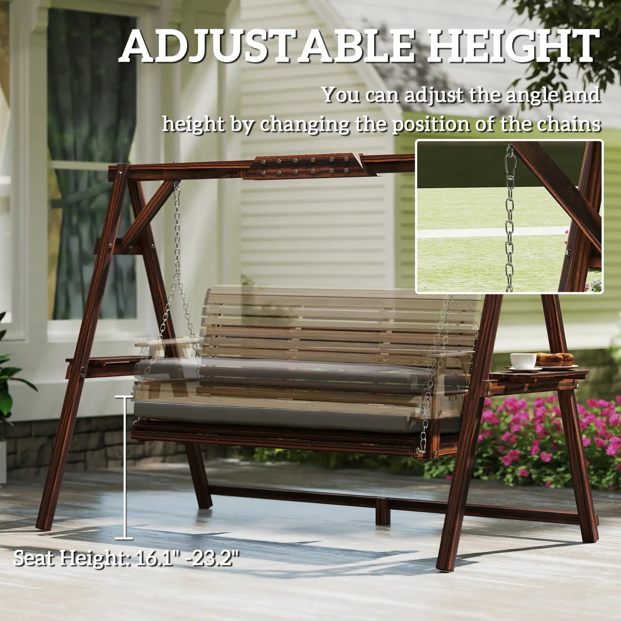 95.7" 3-Seat Wooden Porch Swing with Stand, Cushion and Side Trays