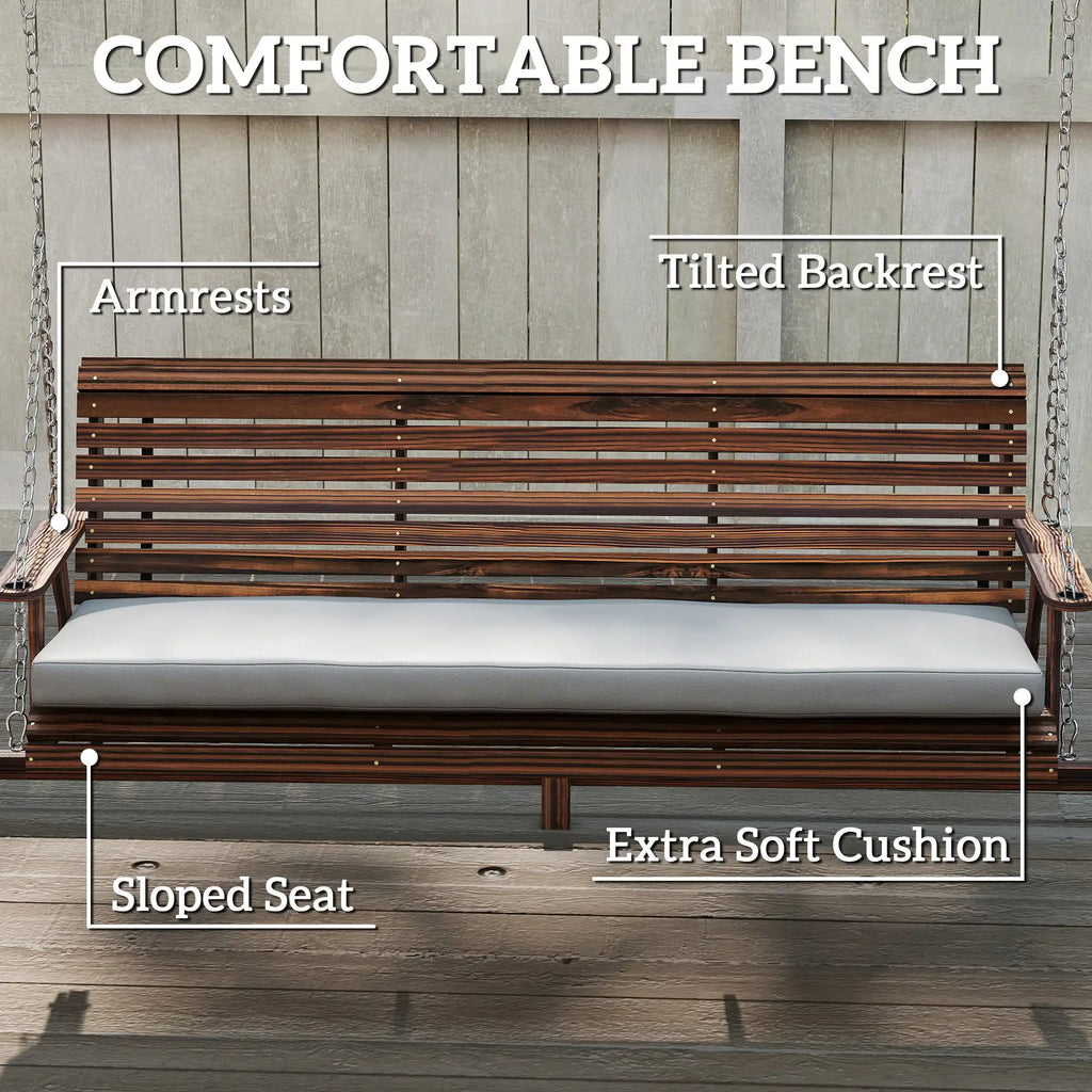 95.7" 3-Seat Wooden Porch Swing with Stand, Cushion and Side Trays