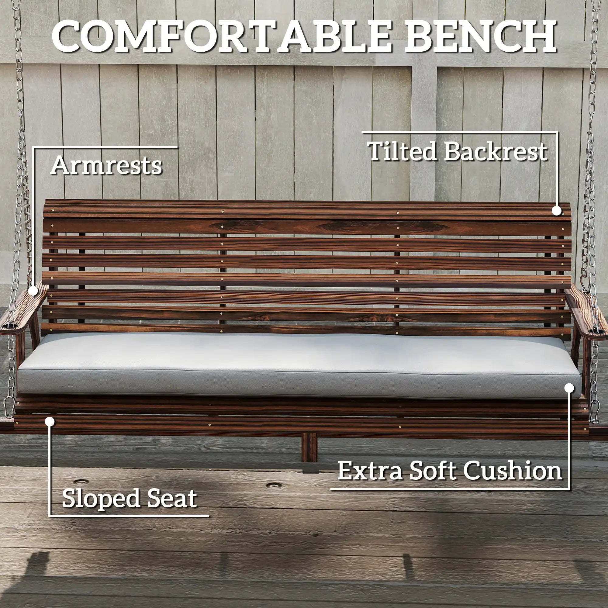 95.7" 3-Seat Wooden Porch Swing with Stand, Cushion and Side Trays