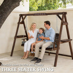 95.7" 3-Seat Wooden Porch Swing with Stand, Cushion and Side Trays