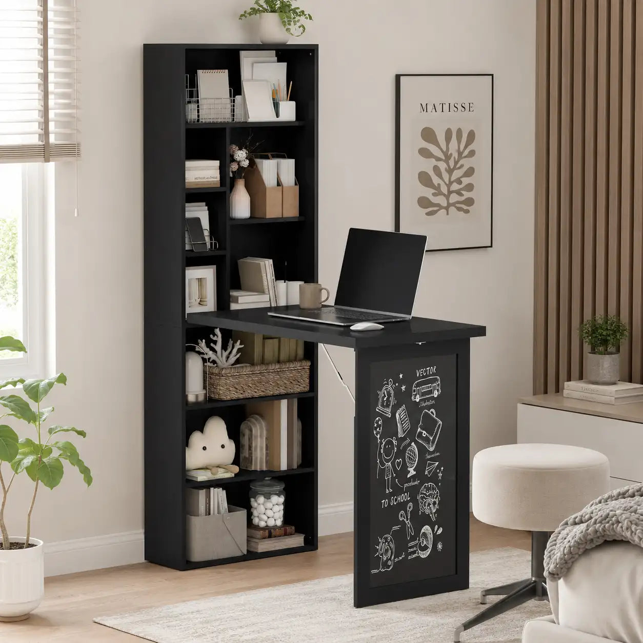 Space-Saving Wall-Mounted Fold-Out Desk with Storage Shelves and Chalkboard
