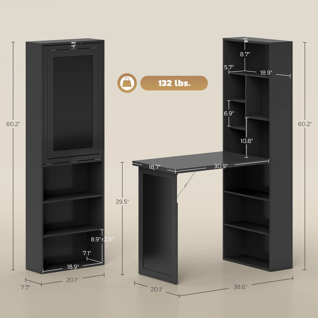 Space-Saving Wall-Mounted Fold-Out Desk with Storage Shelves and Chalkboard