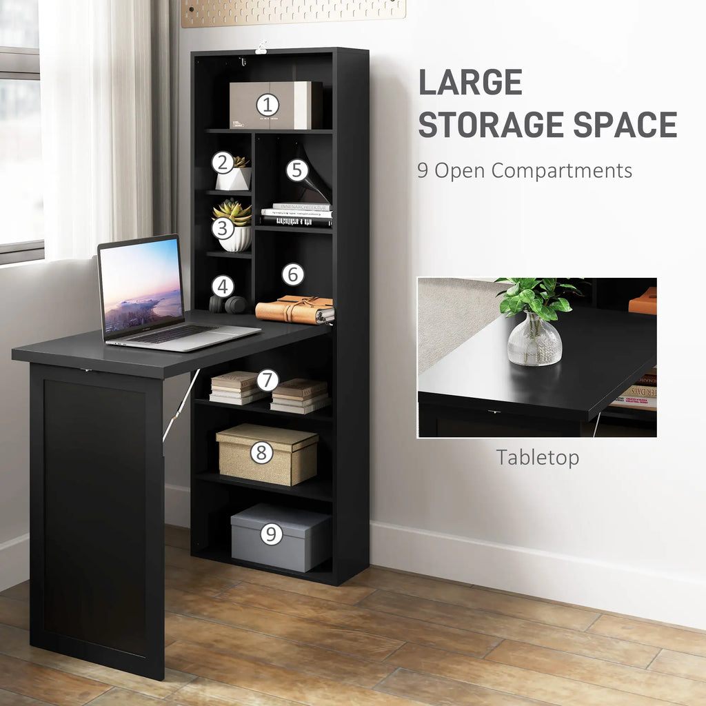Space-Saving Wall-Mounted Fold-Out Desk with Storage Shelves and Chalkboard