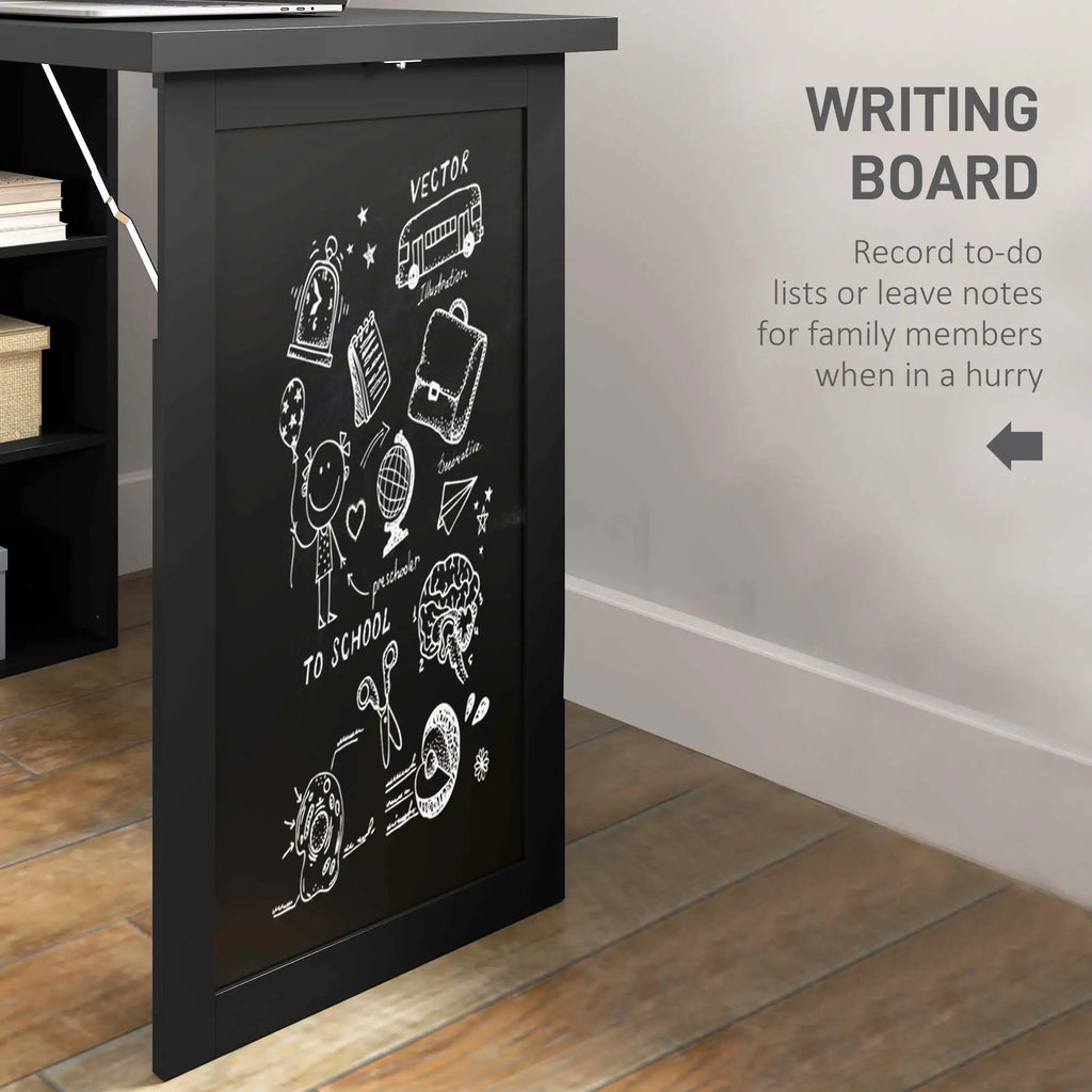 Space-Saving Wall-Mounted Fold-Out Desk with Storage Shelves and Chalkboard