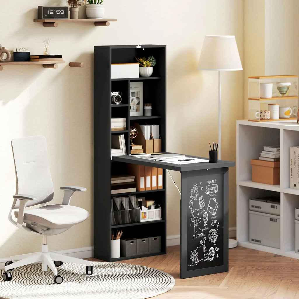 Space-Saving Wall-Mounted Fold-Out Desk with Storage Shelves and Chalkboard