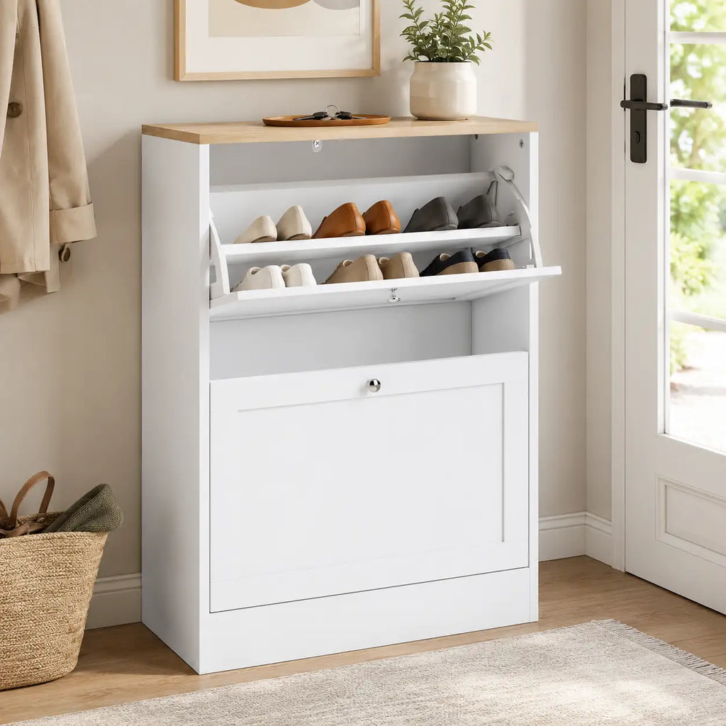 31.5" Slim Shoe Storage Cabinet with 2 Flip Drawers and Adjustable Shelves
