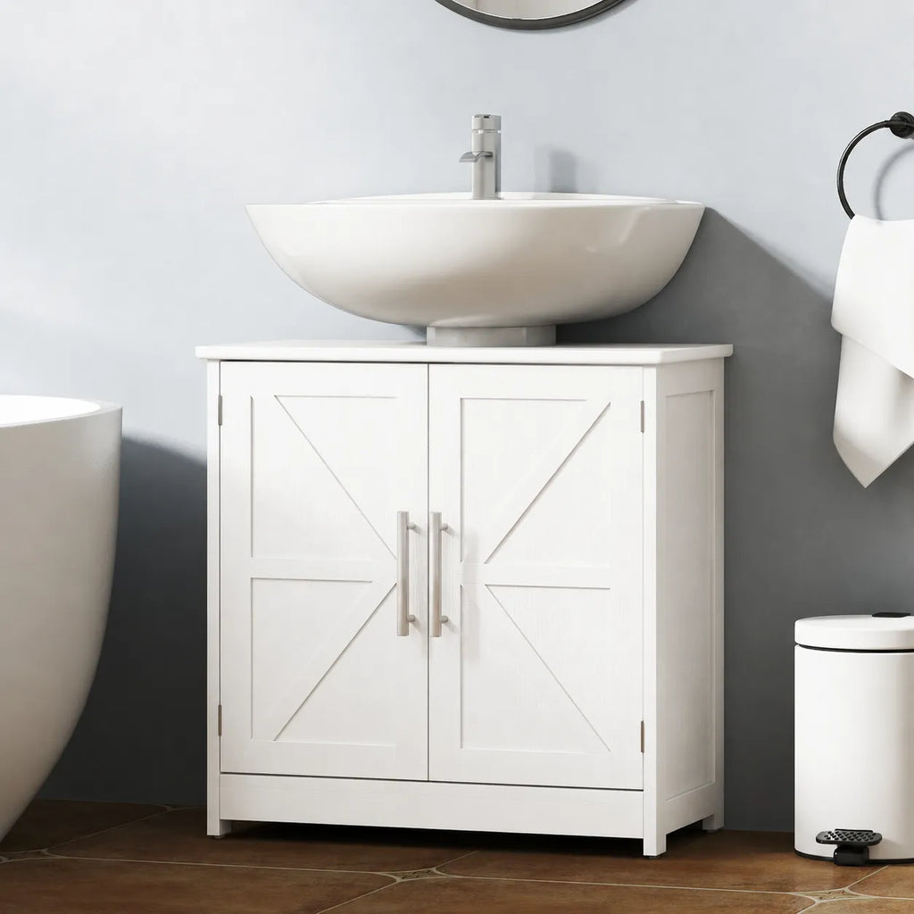 Farmhouse Under-Sink Bathroom Cabinet with Barn Doors and Adjustable Shelf
