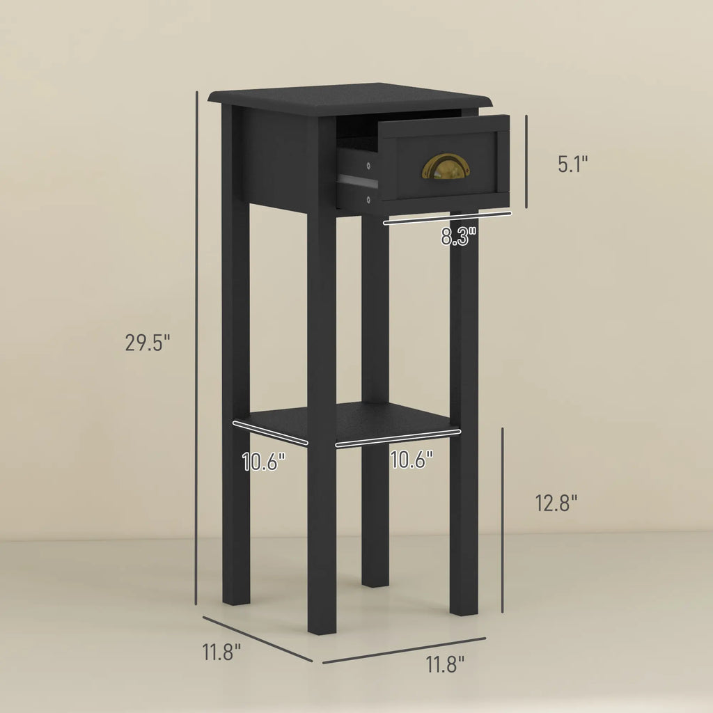 Set of 2 Narrow 2-Tier End Tables with Drawer and Storage Shelf