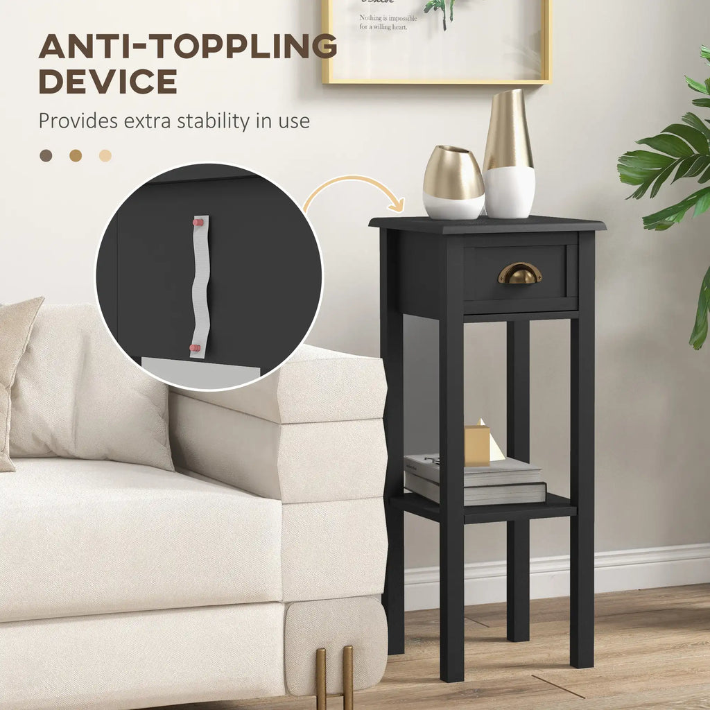Set of 2 Narrow 2-Tier End Tables with Drawer and Storage Shelf
