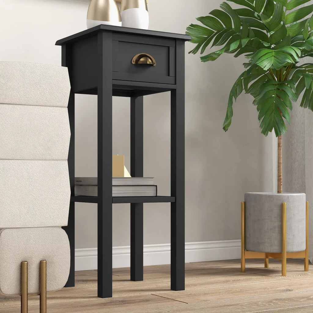 Set of 2 Narrow 2-Tier End Tables with Drawer and Storage Shelf