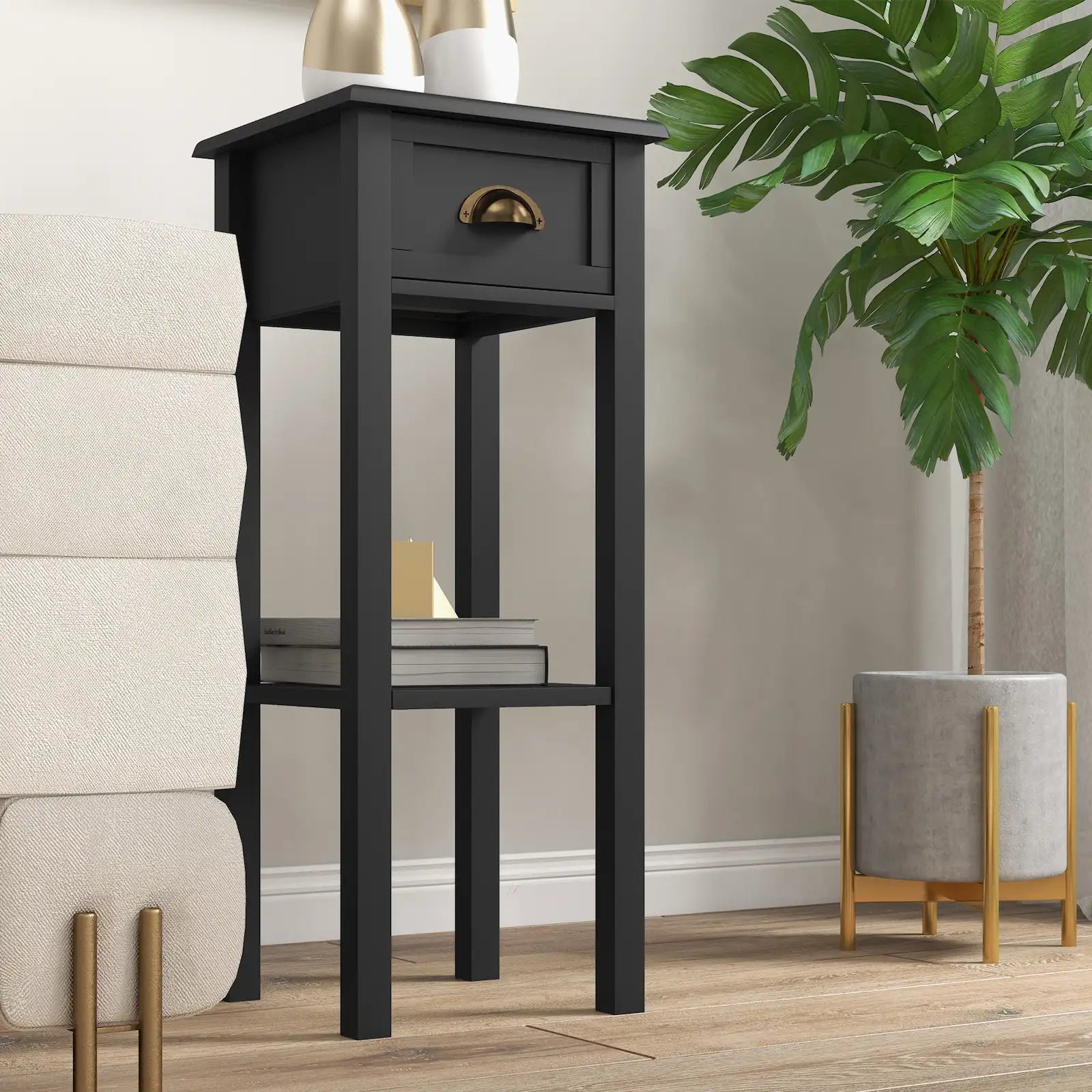 Set of 2 Narrow 2-Tier End Tables with Drawer and Storage Shelf