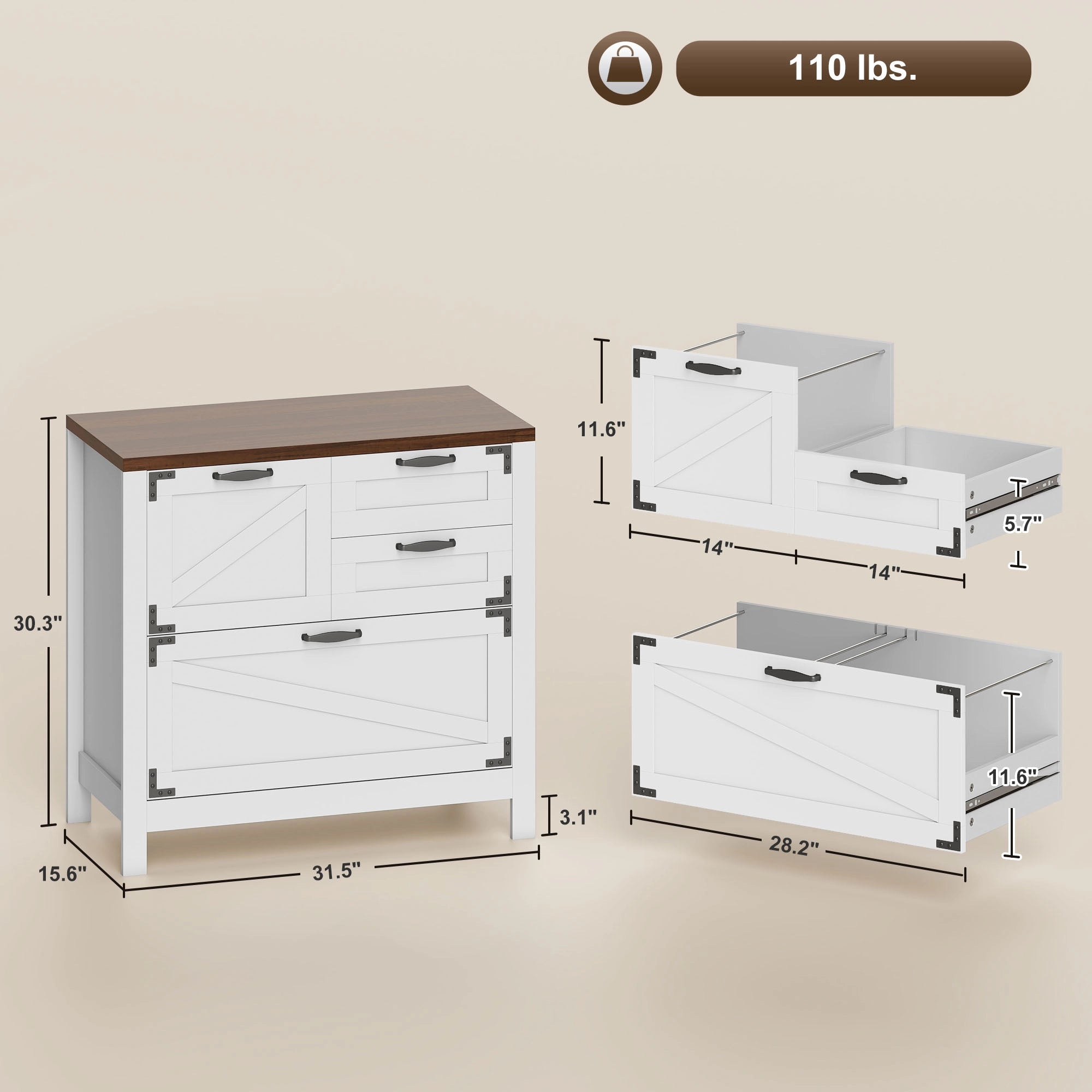 30.3" Farmhouse Lateral Filing Cabinet with 4 Drawers for Letter, A4 and Legal Files