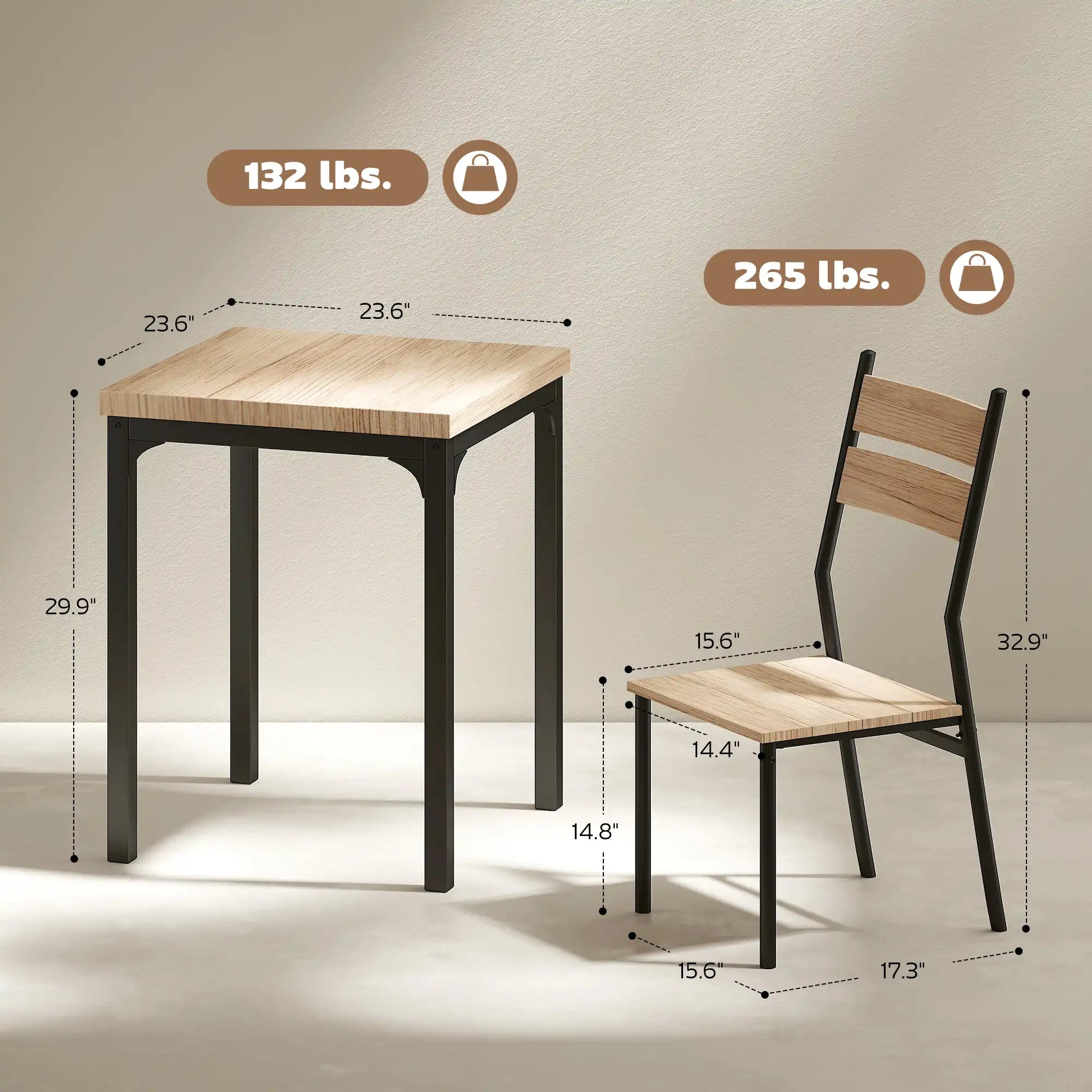 3-Piece Compact Dining Set with 23.5" Square Table and 2 Slat-Back Chairs