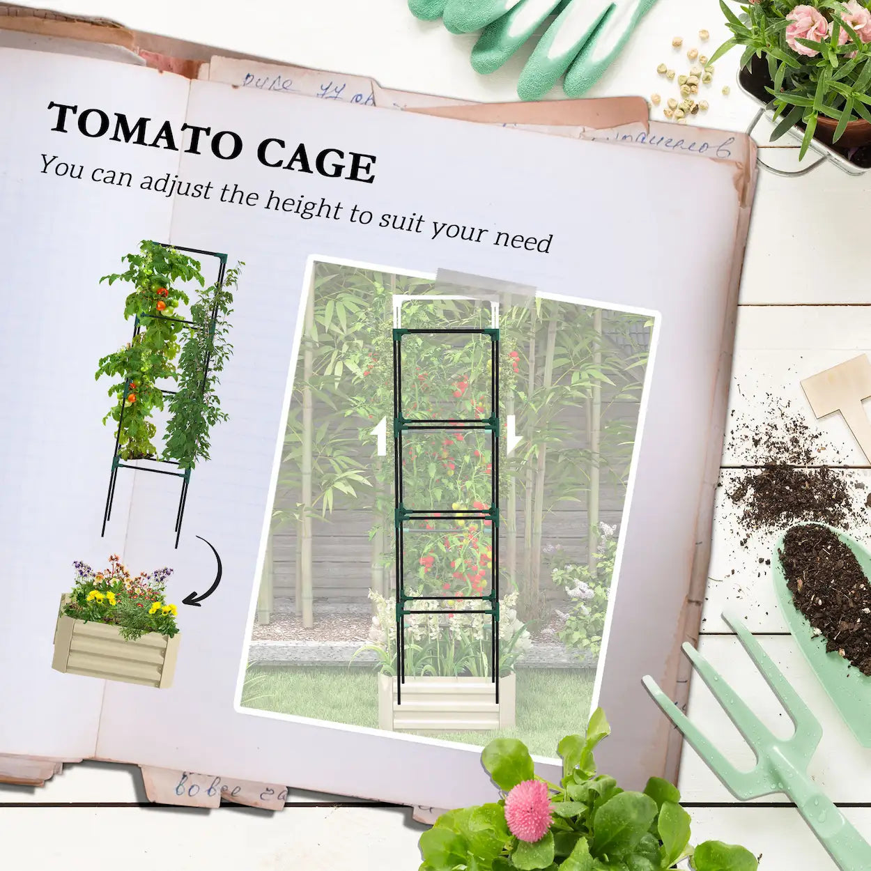 73.5" Galvanized Steel Raised Garden Bed with Tomato Trellis Cage