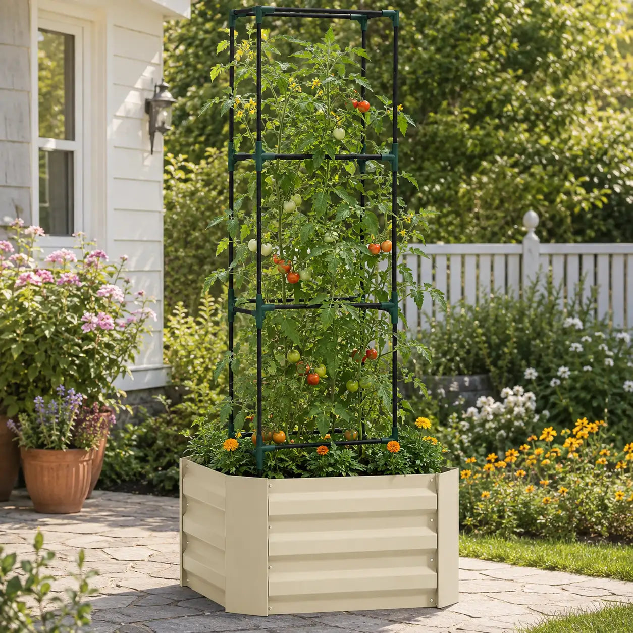 73.5" Galvanized Steel Raised Garden Bed with Tomato Trellis Cage
