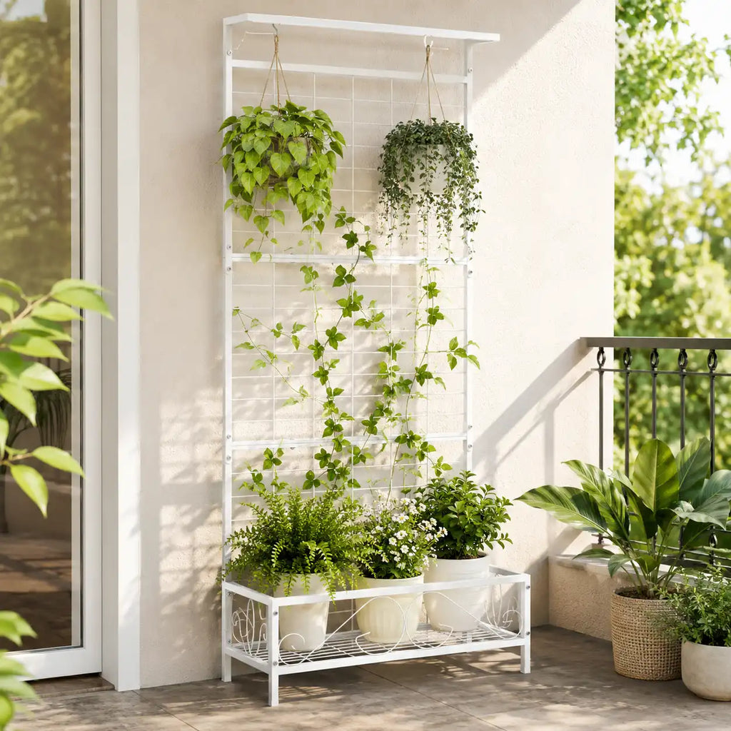 74.2" Tall Metal Plant Stand with Trellis, Hanging Bar and Bottom Shelf