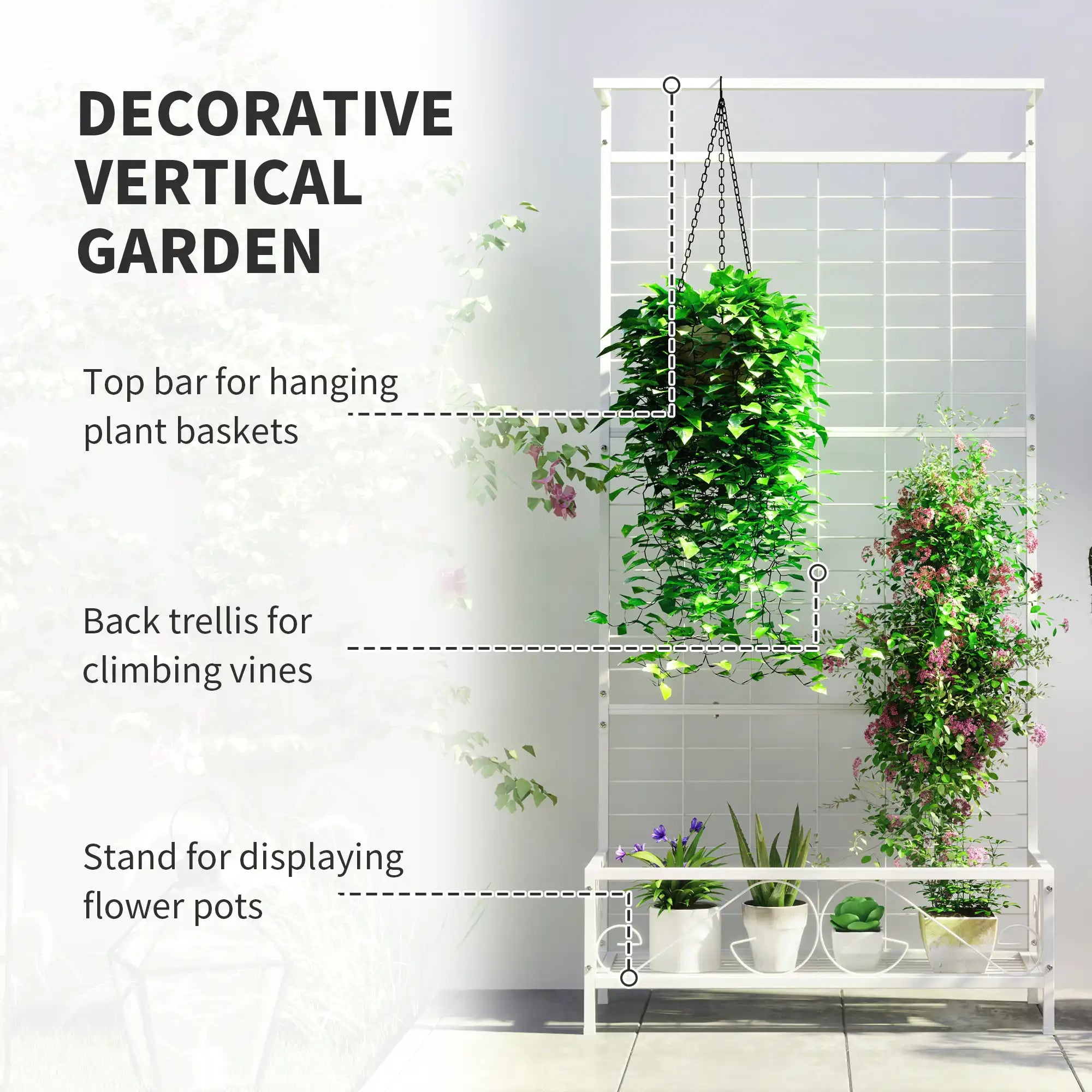 74.2" Tall Metal Plant Stand with Trellis, Hanging Bar and Bottom Shelf