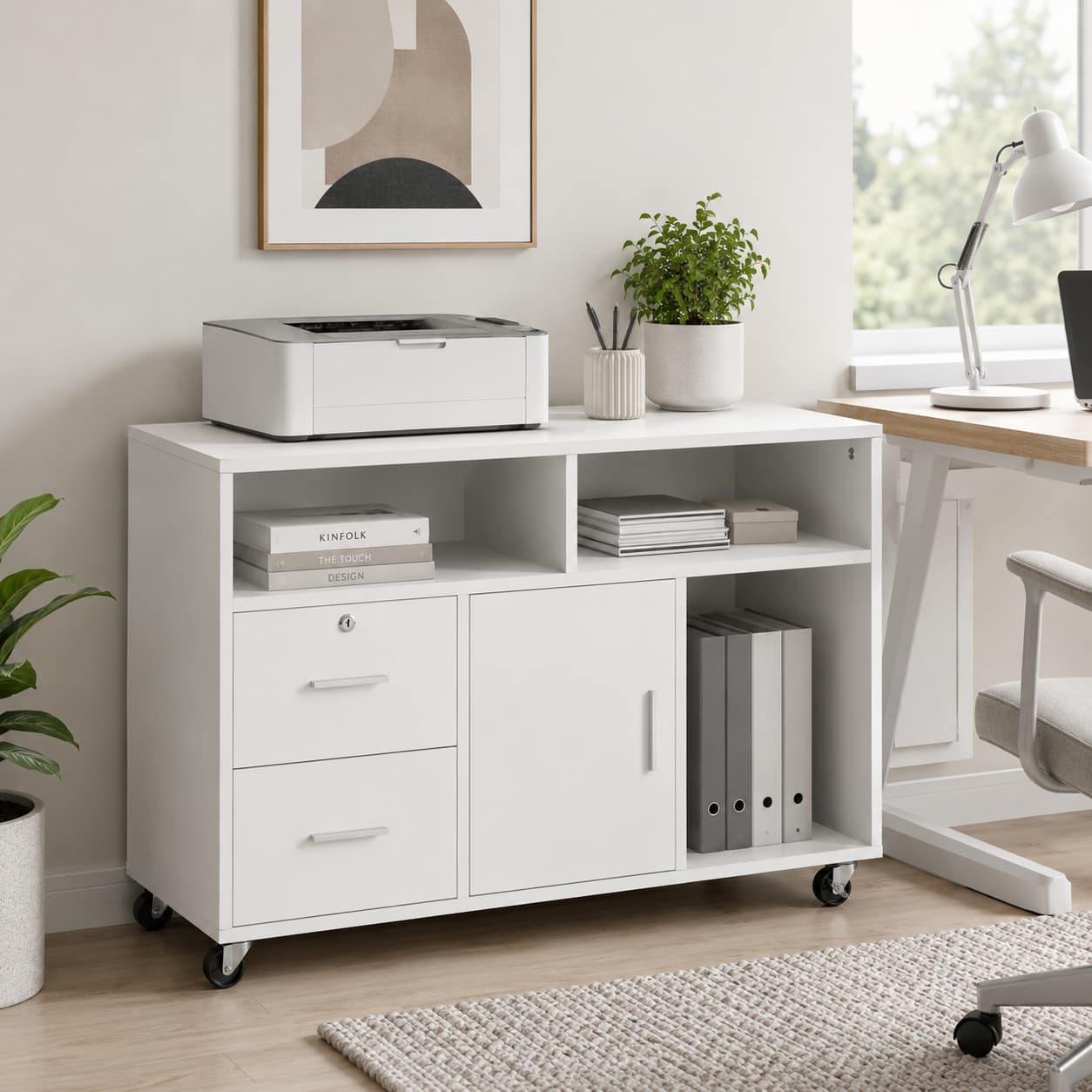 39.25" Mobile Printer Stand with 2 Drawers, Storage Cabinet, Open Shelves and Locking Casters