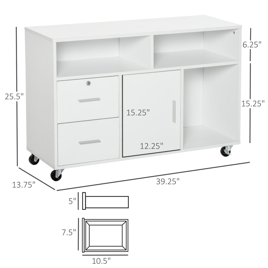 39.25" Mobile Printer Stand with 2 Drawers, Storage Cabinet, Open Shelves and Locking Casters