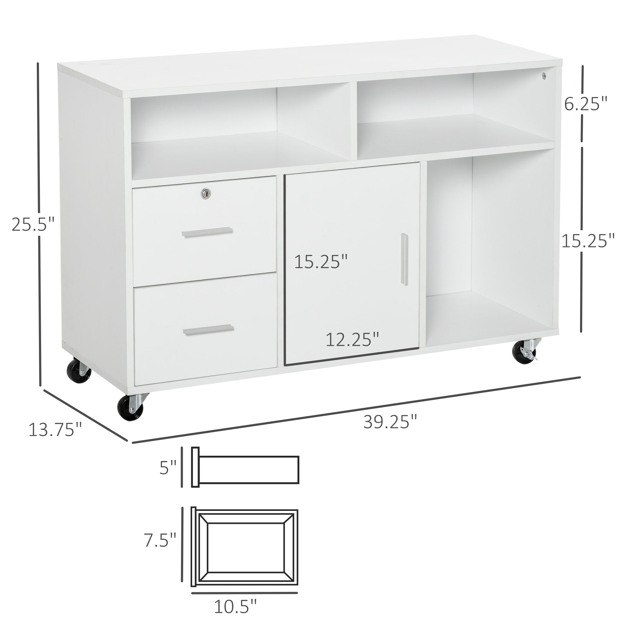39.25" Mobile Printer Stand with 2 Drawers, Storage Cabinet, Open Shelves and Locking Casters