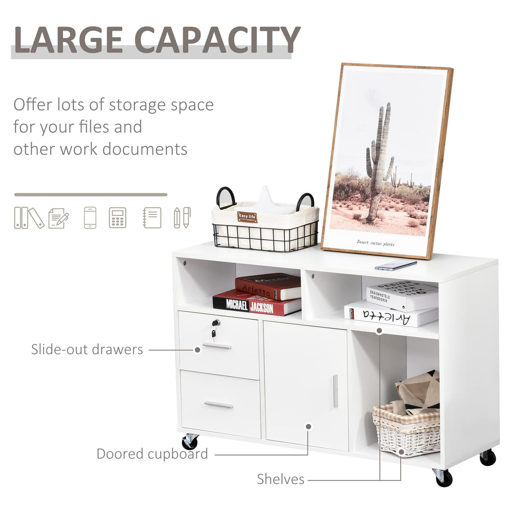 39.25" Mobile Printer Stand with 2 Drawers, Storage Cabinet, Open Shelves and Locking Casters