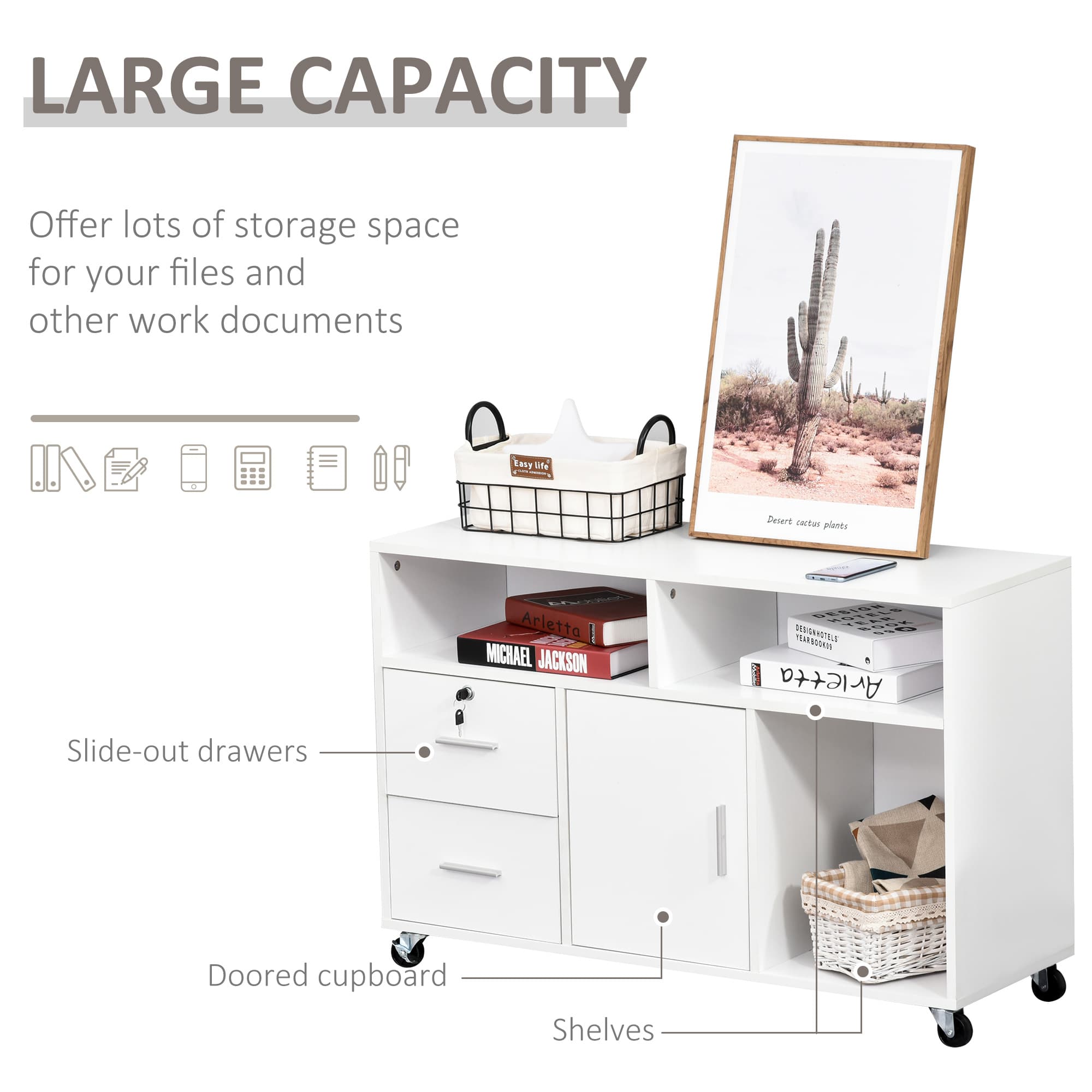 39.25" Mobile Printer Stand with 2 Drawers, Storage Cabinet, Open Shelves and Locking Casters