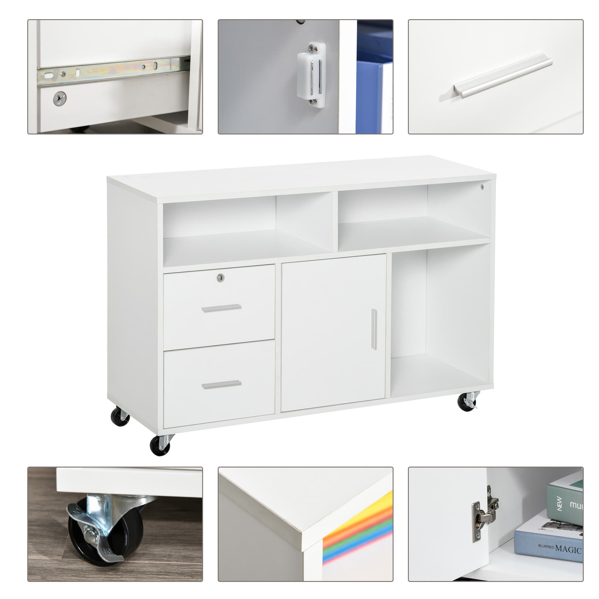 39.25" Mobile Printer Stand with 2 Drawers, Storage Cabinet, Open Shelves and Locking Casters