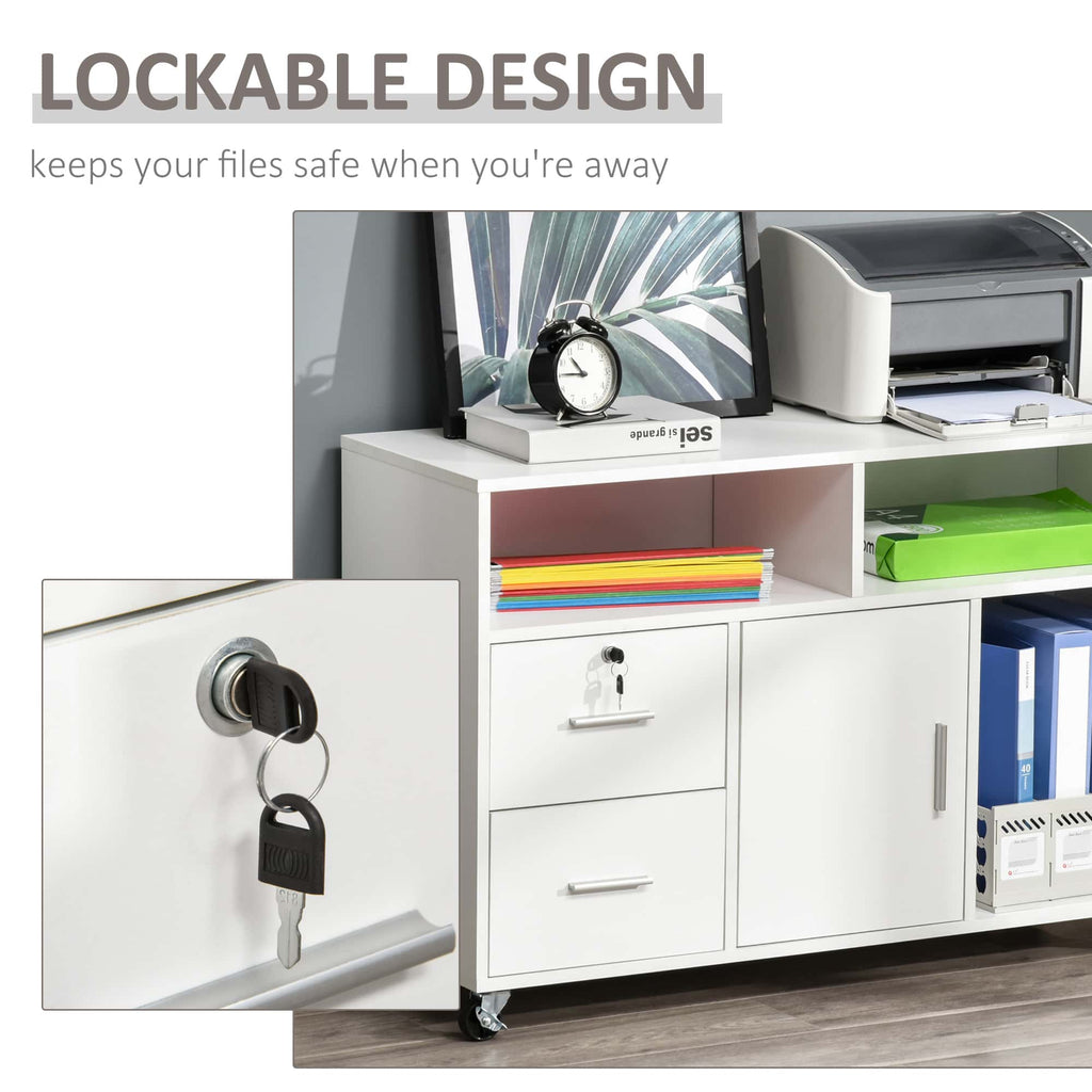 White lockable office storage cabinet with shelves, drawers, and a lock-on drawer shown in a close-up inset.