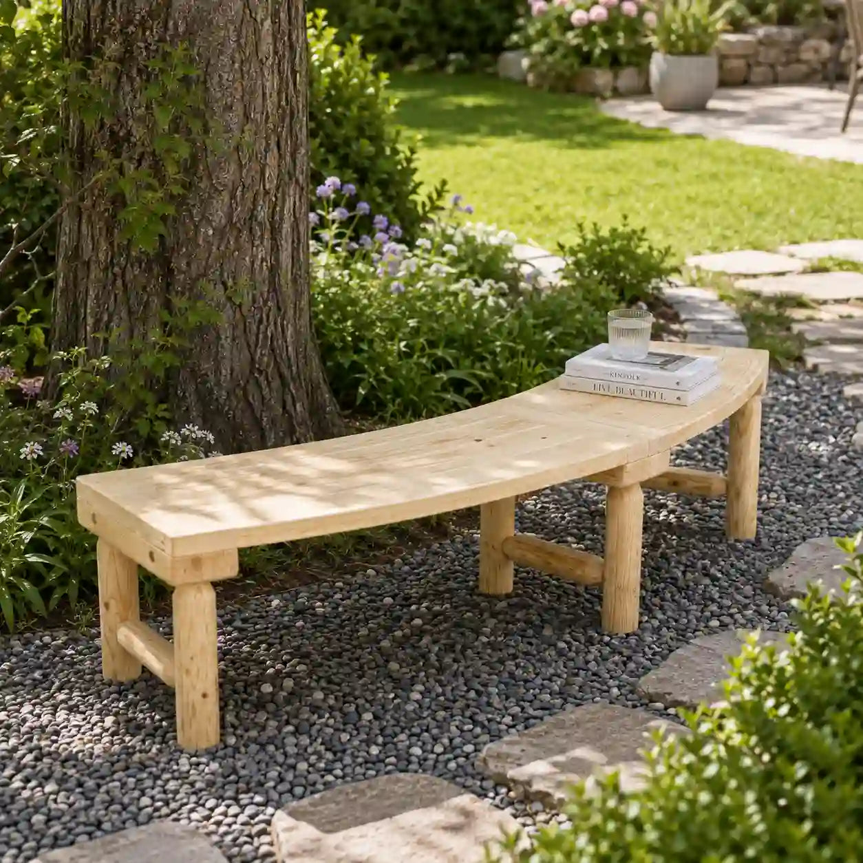 58.25" Semicircular Fir Wood Tree Bench for Patio and Garden