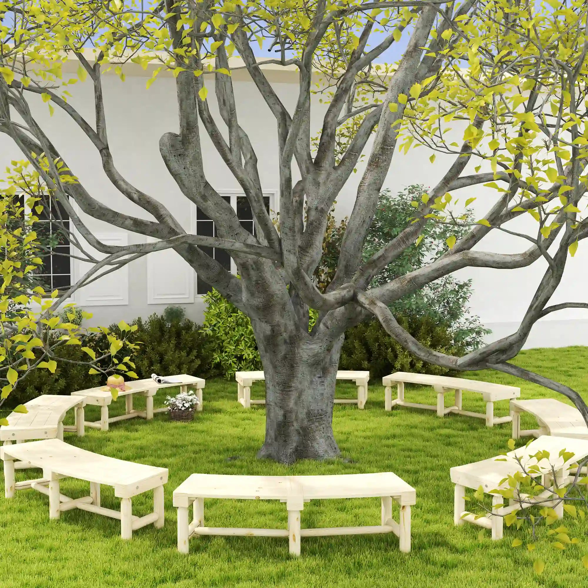58.25" Semicircular Fir Wood Tree Bench for Patio and Garden