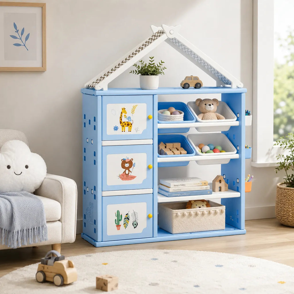 61" House-Shaped Kids Toy Storage Organizer with 4 Removable Bins, Cabinets and 4-Tier Shelves