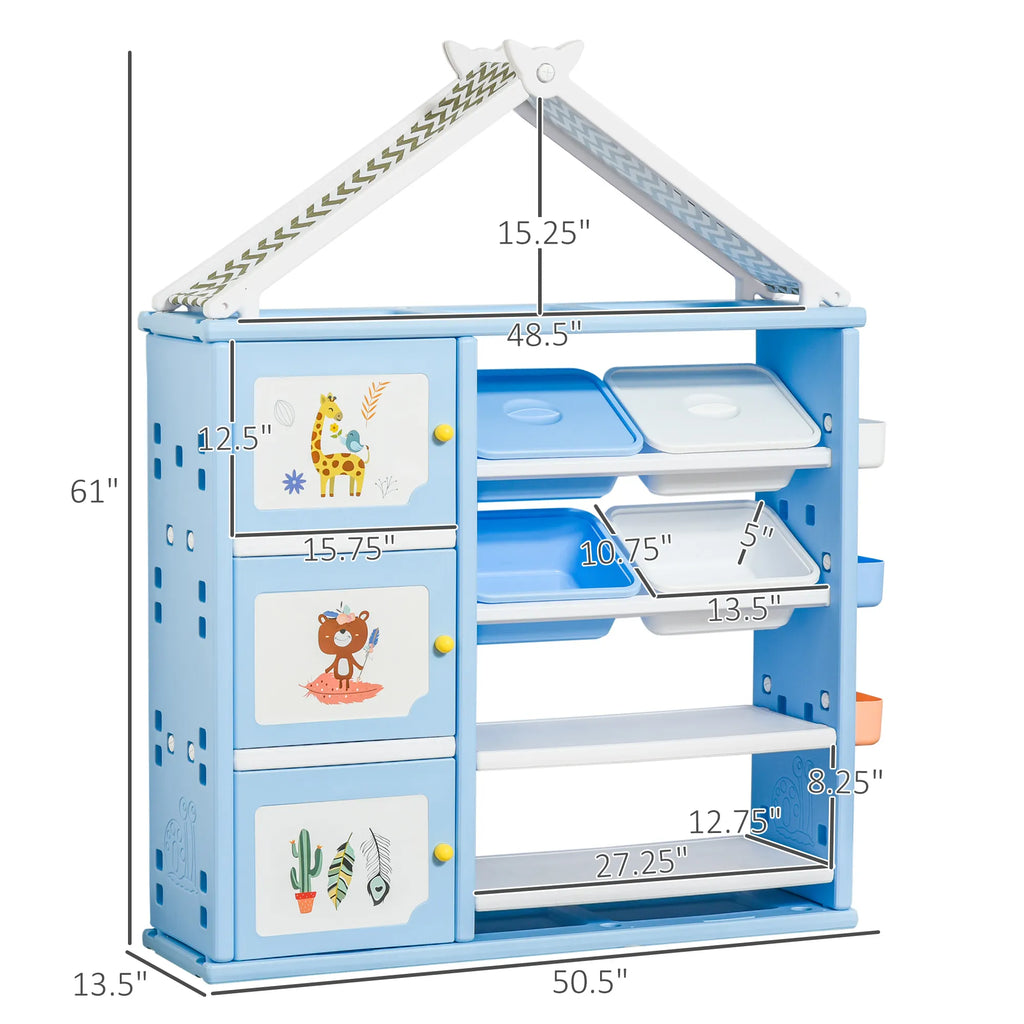 61" House-Shaped Kids Toy Storage Organizer with 4 Removable Bins, Cabinets and 4-Tier Shelves