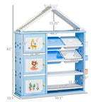 61" House-Shaped Kids Toy Storage Organizer with 4 Removable Bins, Cabinets and 4-Tier Shelves