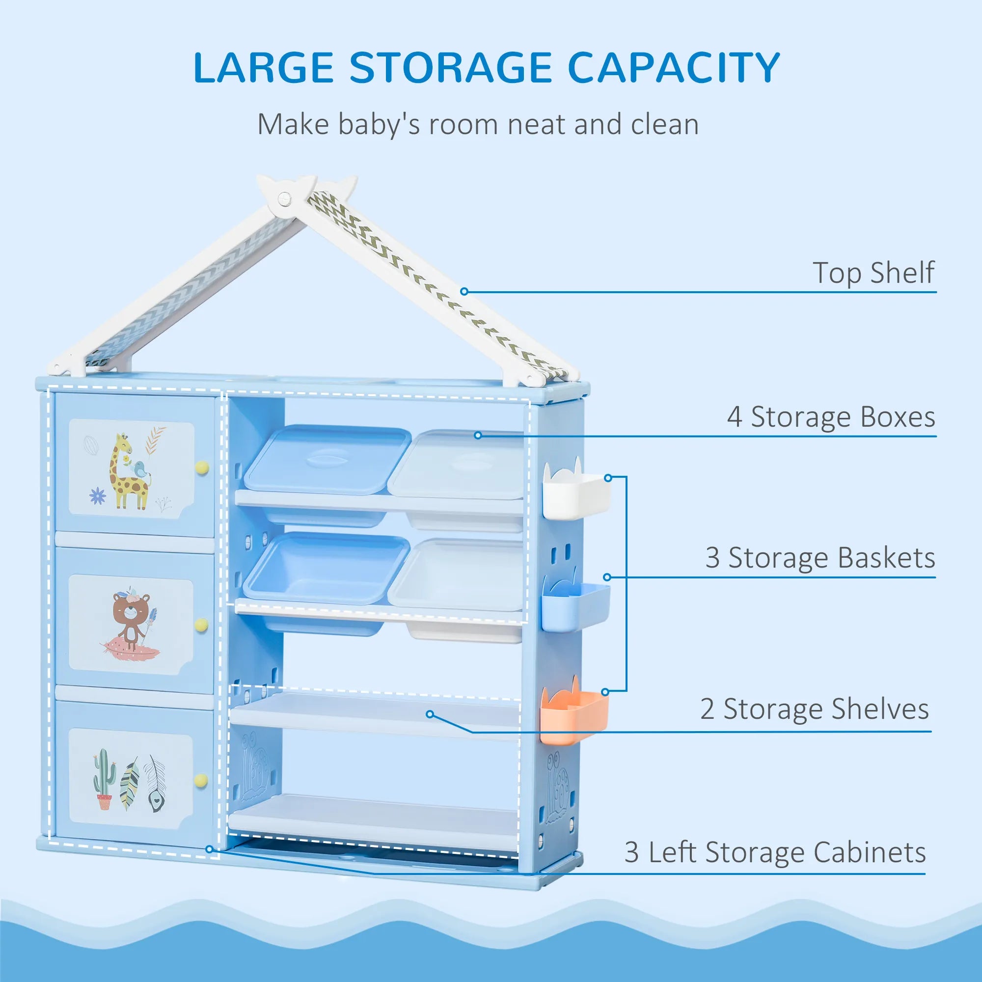 61" House-Shaped Kids Toy Storage Organizer with 4 Removable Bins, Cabinets and 4-Tier Shelves