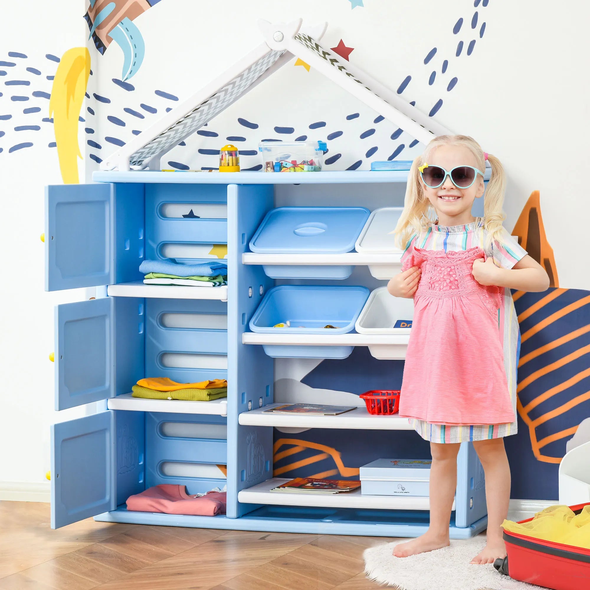 61" House-Shaped Kids Toy Storage Organizer with 4 Removable Bins, Cabinets and 4-Tier Shelves
